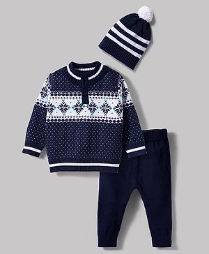 Babyhug 100% Cotton Knit Full Sleeves Floral Printed Sweater Set With Cap - Navy Blue