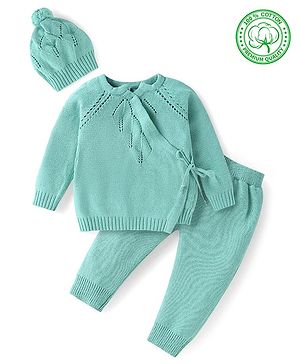 Babyhug Knitted Full Sleeves Side Tie Up Sweater Set with Cap - Aqua Blue