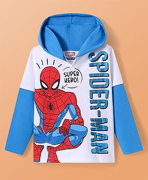 Pine Kids Marvel Terry Knit Full Doctor Sleeves Hooded T-Shirt with Spider Man Graphic & HD Foil Print Detailing - White & Blue