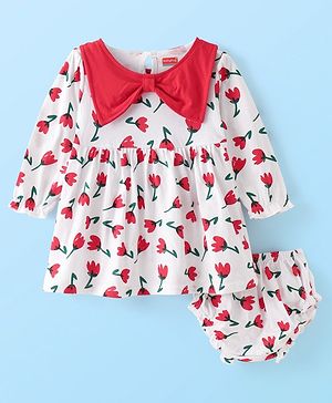 Babyhug Bow Applique Full Sleeves Floral Printed Frock with Bloomer - White