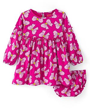 Babyhug Single Jersey Knit Full Peasant Sleeves Bow Printed Frock with Bloomer - Dark Pink