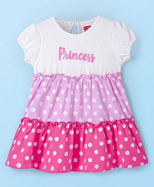 Babyhug Single Jersey Knit Half Sleeves Frock with Polka Dots & Text Print - Pink & White