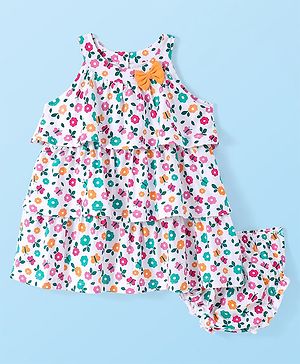 Babyhug Single Jersey Knitted Sleeveless Frock with Bloomer Floral Print - White Pink & Green