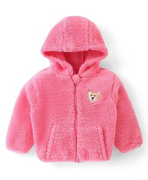 Babyhug Woven Full Sleeves Front Open Hooded Fur Jacket With Bear Embroidery Detailing - Pink