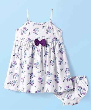 Babyhug Single Jersey Knit Sleeveless Floral Printed Dress With Bloomer & Bow Applique - White