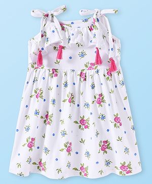 Babyhug Single Jersey Knit Sleeveless Frock With Floral Print - White