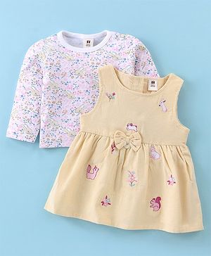 ToffyHouse 100% Cotton Knit Full Sleeves Floral & Bunny Printed T-Shirt & Embroidered Frock - Lemon & White