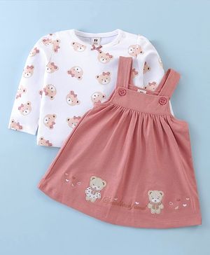 ToffyHouse 100% Cotton Knit Full Sleeves Bear Printed T-Shirt & Frock - White & Rose Gold