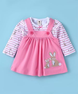 ToffyHouse 100% Cotton Knit Full Sleeves Striped & Bunny Printed T-Shirt & Frock with Embroidery - Pink