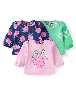 Babyhug Cotton Knit Full Sleeves T-Shirts With Fruit & Heart Print Pack of 3 - Navy Blue Pink & Green