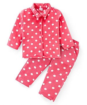 Babyhug Woven Full Sleeves Collared Winter Wear Co-Ord Set With Polka Dots Print - Dark Pink