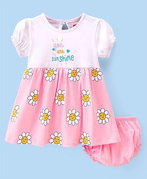 Babyhug Single Jersey Knit Floral Printed Frock with Bloomer - Pink