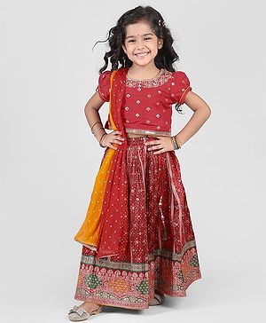 Babyhug Woven Half Puff Sleeves Zari & Sequin Embroidered Choli Lehenga & Dupatta Set With Tassel Detailing - Red