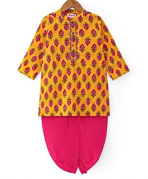 Babyhug Cotton Woven Full Sleeves Dhoti Kurta Set With Floral Print - Mustard