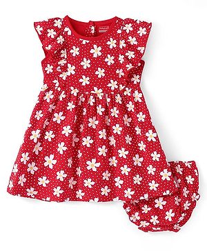 Babyhug Single Jersey Knitted Half Sleeves Frill Detailing Floral Printed Frock with Bloomer - Red & White