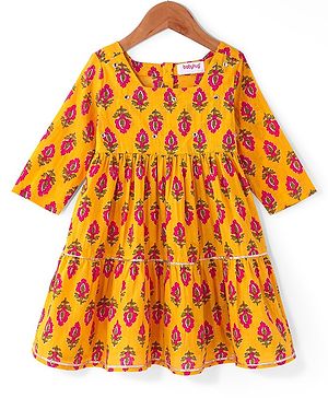 Babyhug Cotton Woven Three Fourth Sleeves Floral Printed Ethnic Dress - Mustard