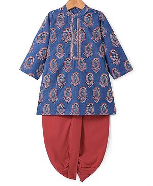 Babyhug  Cotton Woven Full Sleeves Printed  Kurta & Dhoti Set - Navy Blue