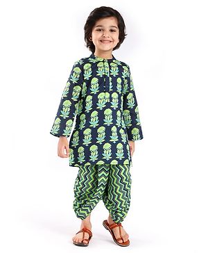 Babyhug Cotton Woven Full Sleeves Kurta Pyjama Set with Floral Print - Navy Blue &  Green
