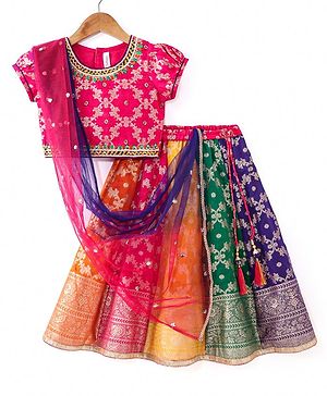 Babyhug Woven Short Puff Sleeves Sequinned & Floral Embroidered Choli With Brocade Lehenga and Net Dupatta - Multicolour