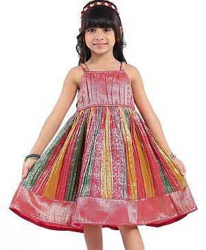 Babyhug Woven Sleeveless Ethnic Dress With Brocade Design - Fuschia