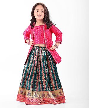 Babyhug Woven Three Fourth Sleeves Lehenga & Choli With Jacket Set and Lace Detailing  - Green & Pink