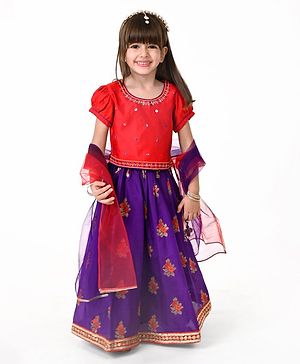 Babyhug Woven Puffed Sleeves Foil Printed Embroidered Choli Lehenga & Dupatta Set - Purple