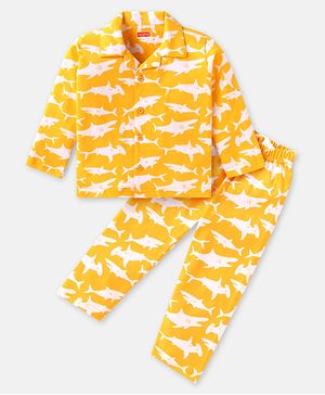 Babyhug Cotton Knit Full Sleeves Night Suit With Shark Print - Yellow