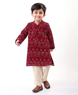 Babyhug Woven Full Sleeves Floral Sequin Embroidered Kurta Pyjama Set - Maroon