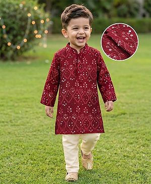 Babyhug Woven Full Sleeves Floral Sequin Embroidered Kurta Pyjama Set - Maroon