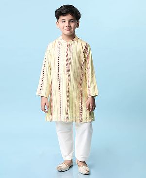 Babyhug Woven Full Sleeves Sequin Embroidered Kurta Pyjama Set - Lime