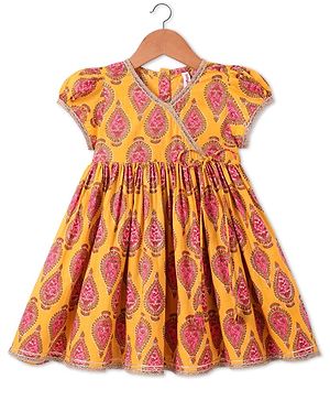 Babyhug Cotton Woven Short Puffed Sleeves Ethnic Dress with Floral Print & Lace Detailing - Yellow