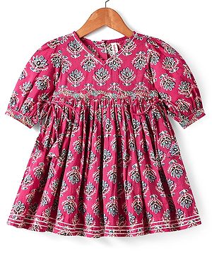 Babyhug Cotton Woven Three Fourth Puffed Sleeves Ethnic Dress with Floral Print & Lace Detailing - Dark Pink