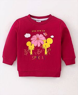 Simply Interlock Knit Full Sleeves T-Shirt with Floral & Mouse Print - Red