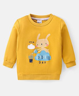 Simply Interlock Knit Full Sleeves T-Shirt with Text & Rabbit Print - Mustard