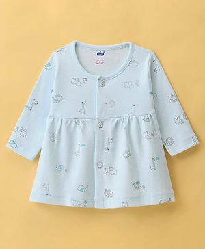 Simply Interlock Cotton Knit Full Sleeves Front Open Frock with Berries Print - Aqua Blue