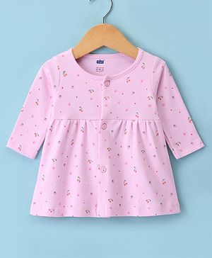 Simply Interlock Cotton Knit Full Sleeves Front Open Frock with Berries Print - Pink