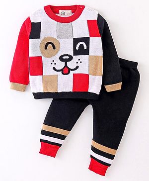 Simply Knitted Full Sleeves Sweater Set with Checks & Dog Design - Black