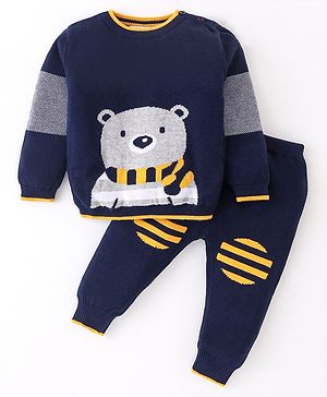 Simply Knitted Full Sleeves Sweater Set with Stripes & Bear Design - Navy Blue