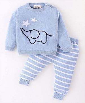 Simply Knitted Full Sleeves Sweater Set with Star Design - Blue