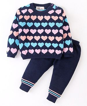 Simply Knitted Full Sleeves Sweater Set with Hearts Design - Navy Blue