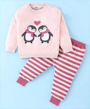 Simply Knitted Full Sleeves Sweater Set with Stripes & Penguins Design - Peach