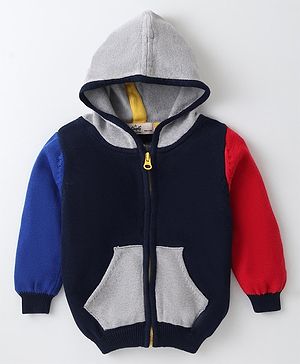 Simply Cotton Knit Full Sleeves Hooded Sweatjacket With Cut & Sew Design & Kangaroo Pockets - Navy Blue