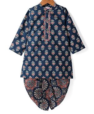 Babyhug Cotton Woven Full Sleeves Floral Print Kurta Dhoti Set - Navy Blue