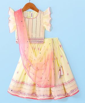 Babyhug Woven Frill Sleeves Georgette Sequin Embroidered Choli Lehenga & Dupatta Set with Tassle Detailing - Lime