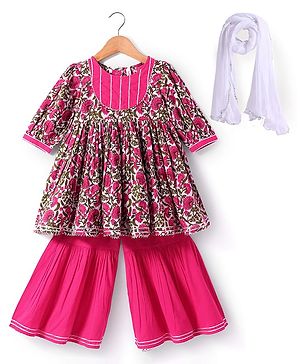 Babyhug Cotton Woven Three Fourth Floral Print Kurti Gharara Set With Dupatta - Dark Pink