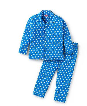 Babyhug Cotton Knit Full Sleeves Front Open Collared Night Suit Star Print - Blue