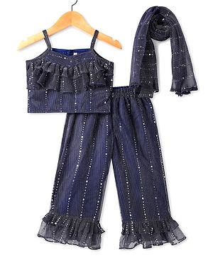 Babyhug Woven Sleeveless Shimmer Top & Palazzo Set with Sequin Frill Detailing & Dupatta - Purple