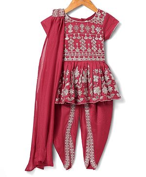 Babyhug Woven Sleeveless Kurti Dhoti And Dupatta Set with Sequenced & Floral Embroidery - Dark Pink
