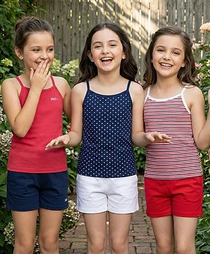 Pine Kids Cotton Lycra Sleeveless Solid Slips With Stripes & Polka Dot Print Pack of 3 (Color May Vary)