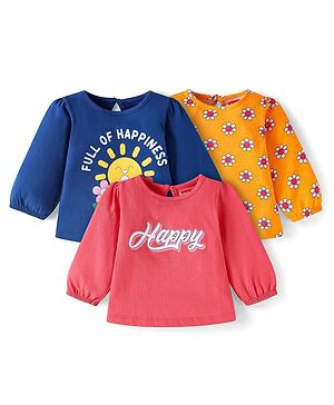 Babyhug Cotton Knit Full Sleeves T-Shirts with Floral & Text Print Pack of 3 - Red Navy Blue & Orange